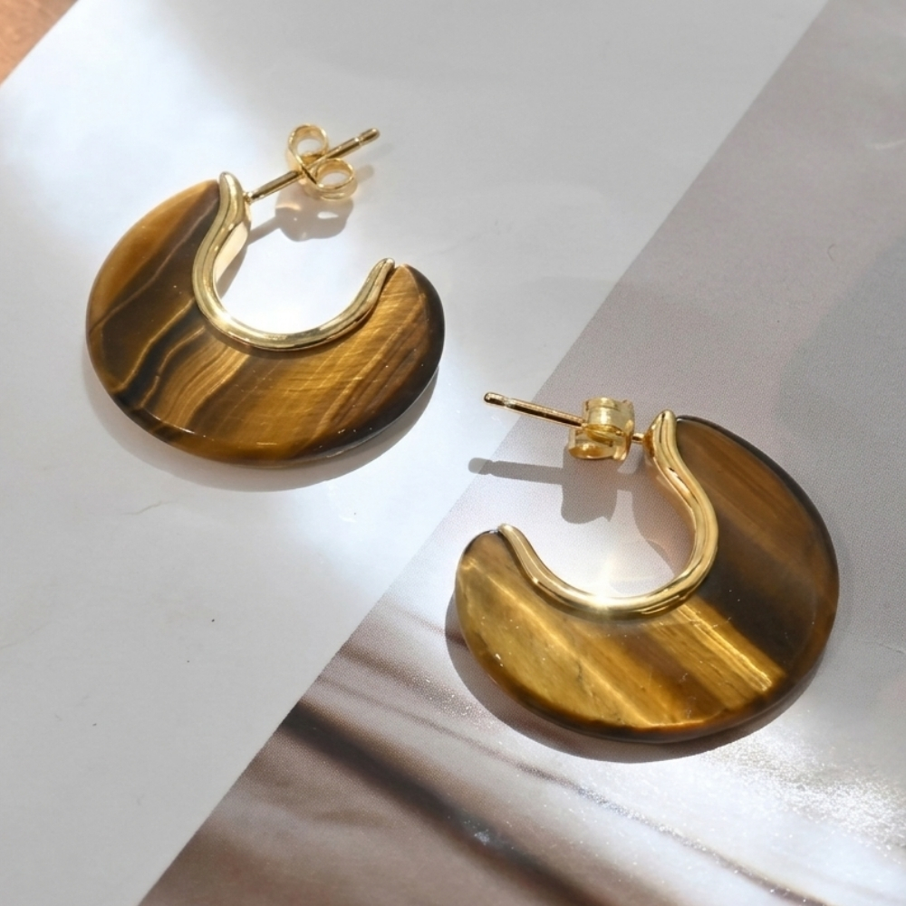 0730 直播尊享 : Cloe Jewelry S925 銀鍍金虎眼石耳環