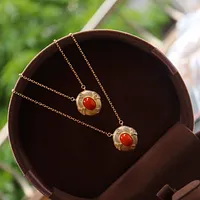 紅珊瑚鑲嵌S925純銀鍍金吊墜配項鏈